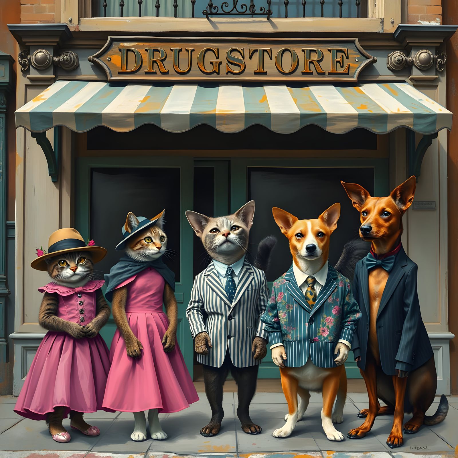 Whimsical Scene in Front of Vintage Drugstore