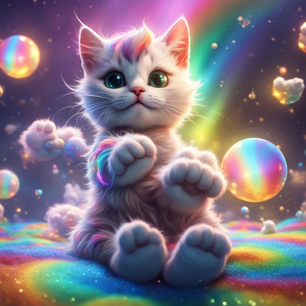 Playful Kitten in Rainbow Sparkles: Fantasy Concept Art