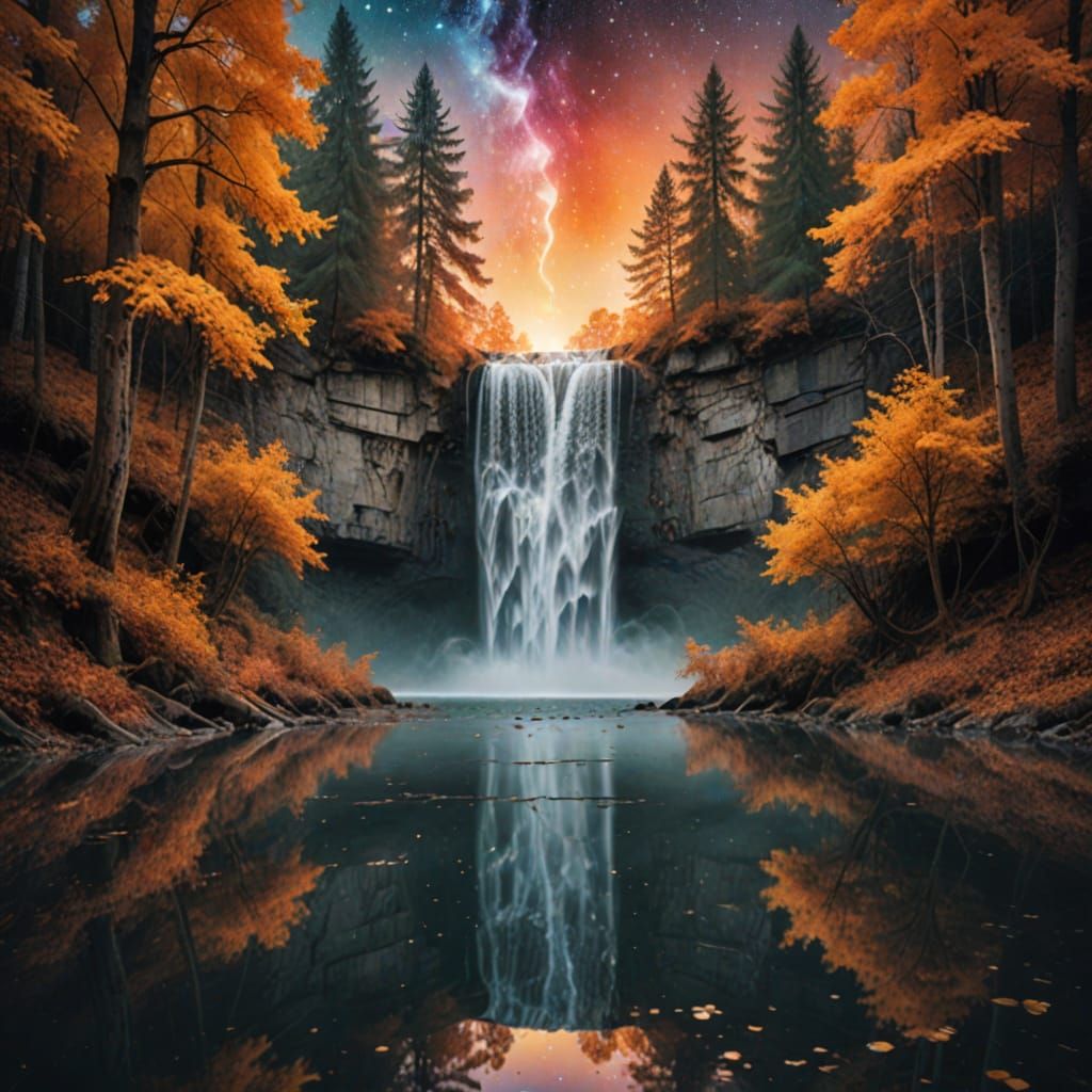 Autumn Forest Meets Waterfall Galaxy Sunset