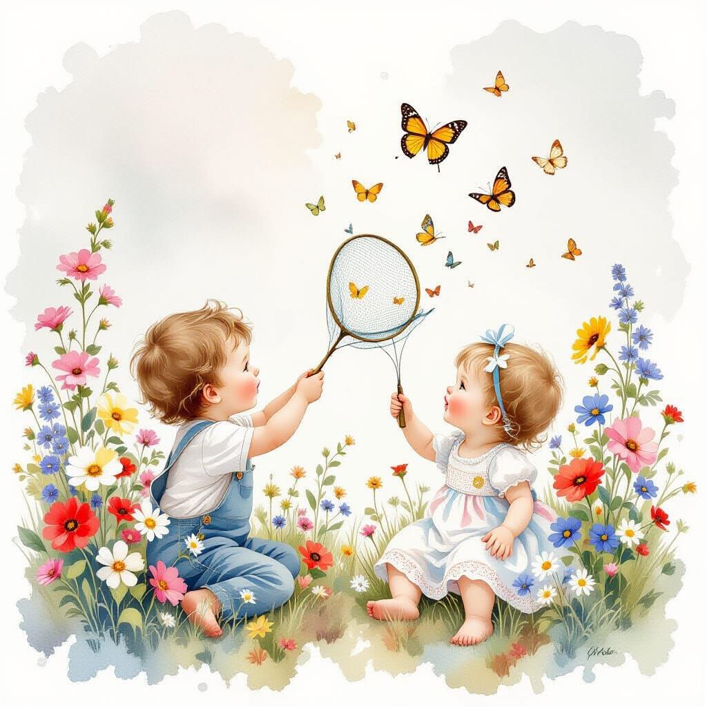 Ethereal Watercolor Macro of Siblings Catching Butterflies A...