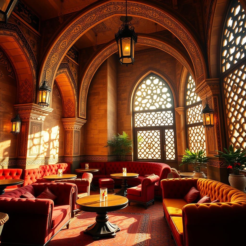 Egyptian-Inspired Luxury Cafe with Intricate Patterns and Pl...