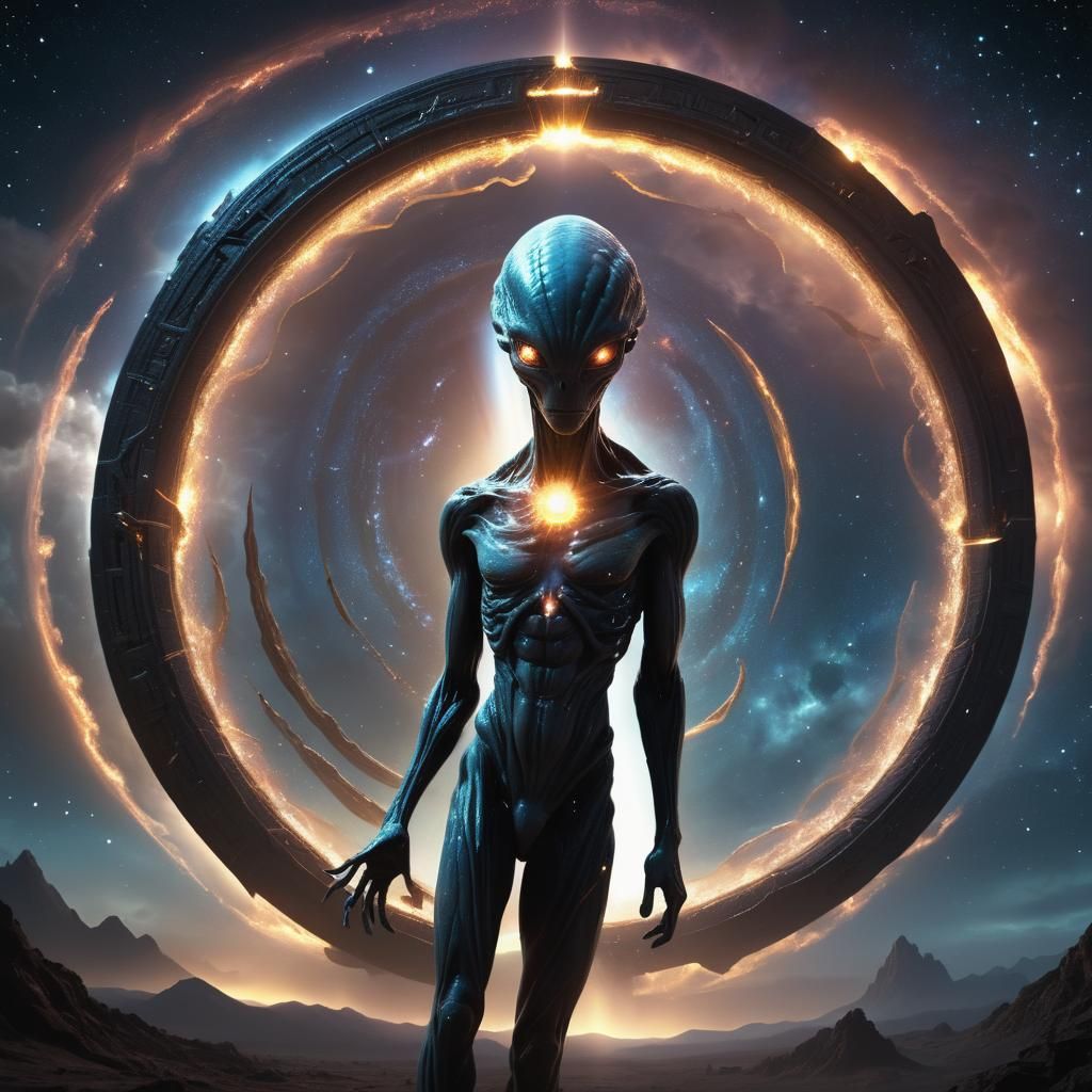 Humanoid Alien Emerges from Swirling Stargate