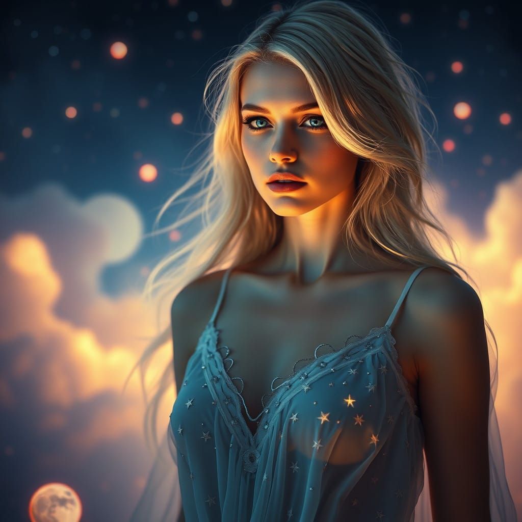 Goddess in Celestial Embroidery, Ethereal Beauty