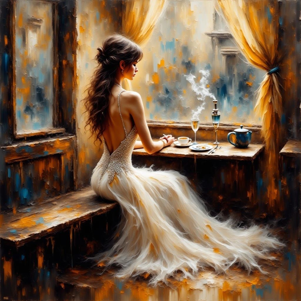 Romantic Parisian Café Scene in Impasto Oil Style