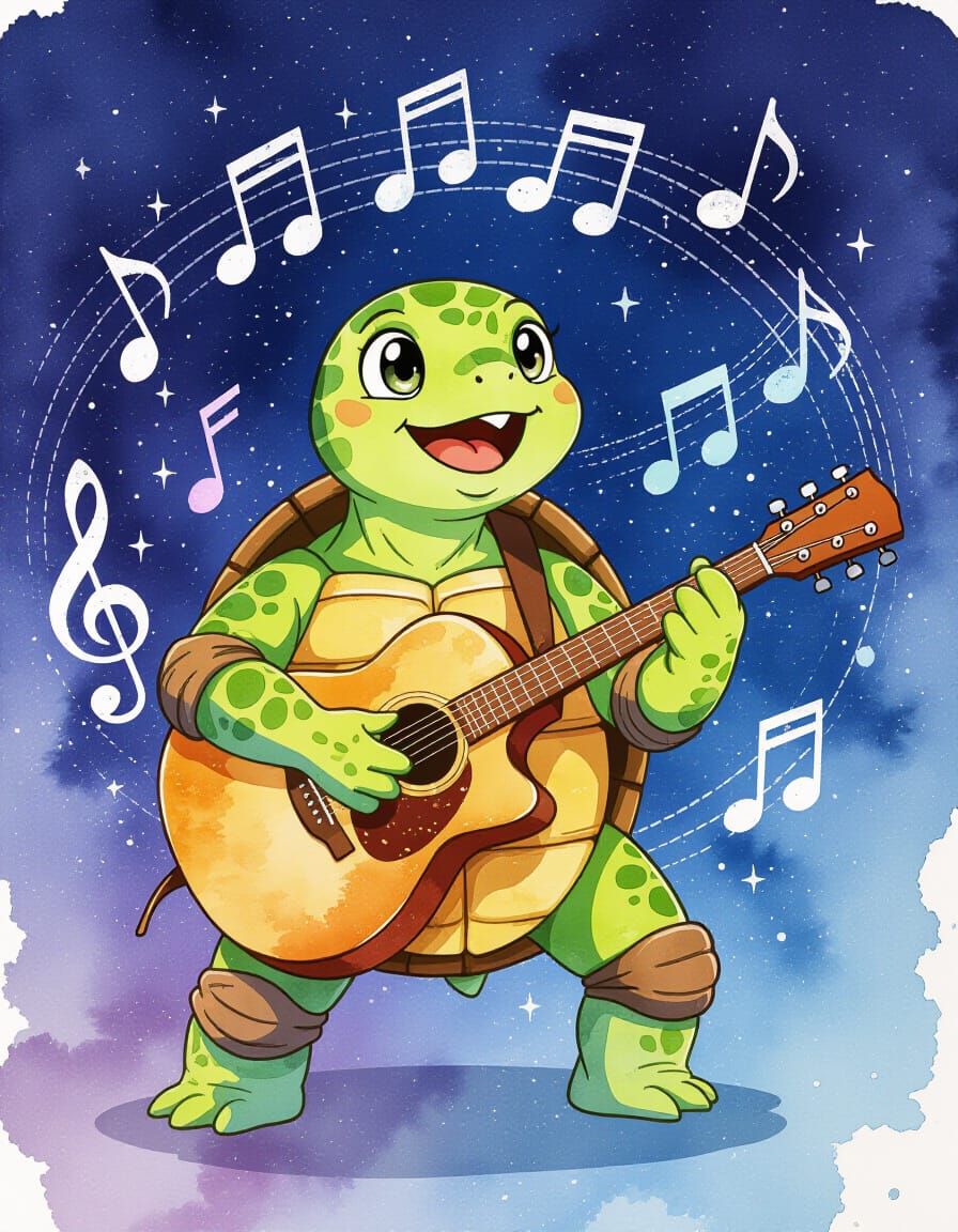 Anime Turtle Serenade in Watercolor