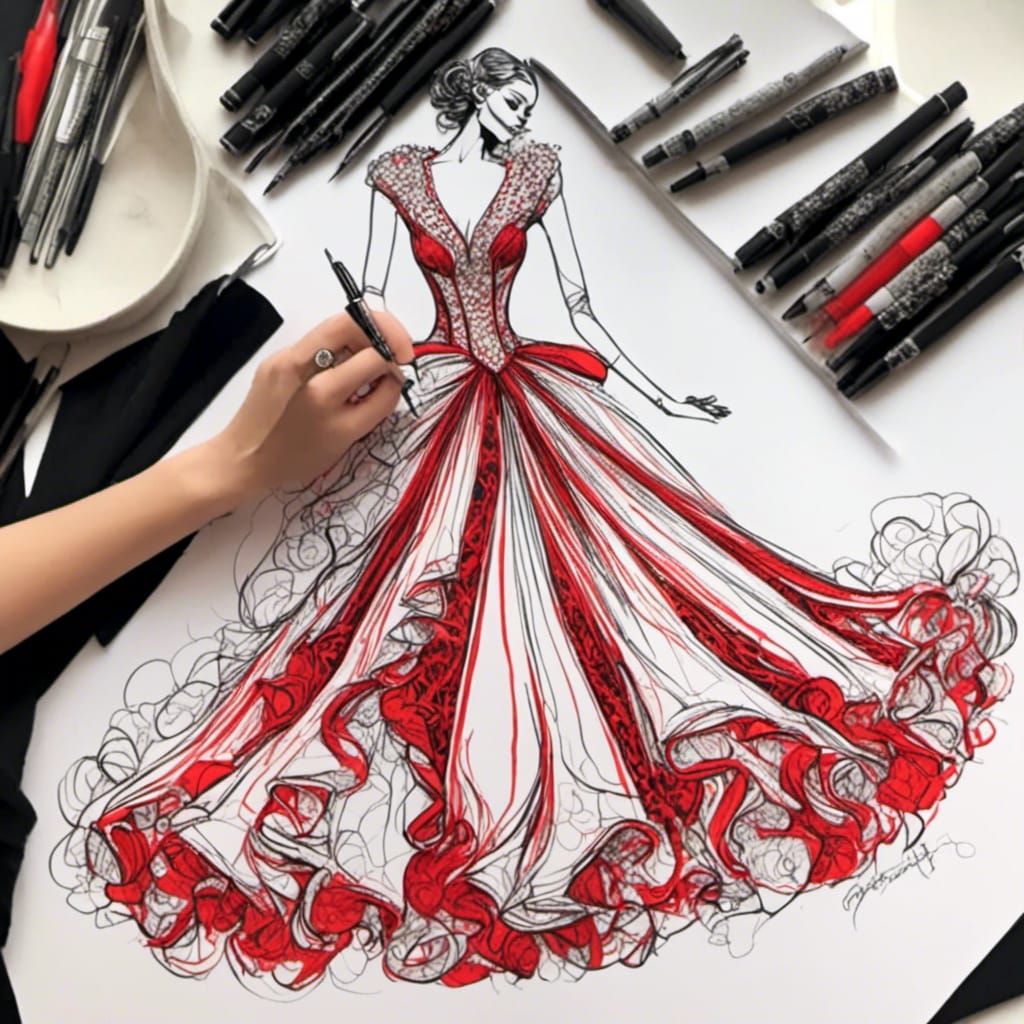Hand sketching an Avant Garde Haute Couture gown