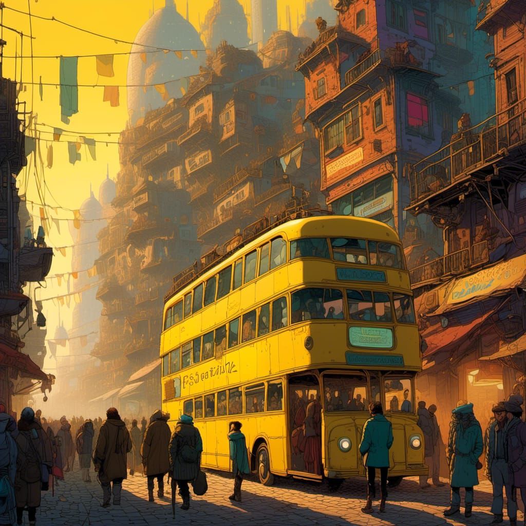 Steampunk Double-Decker Bus in Crowded Alley