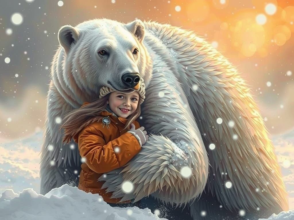 Girl and Polar Bear in Snowy Blizzard Scene