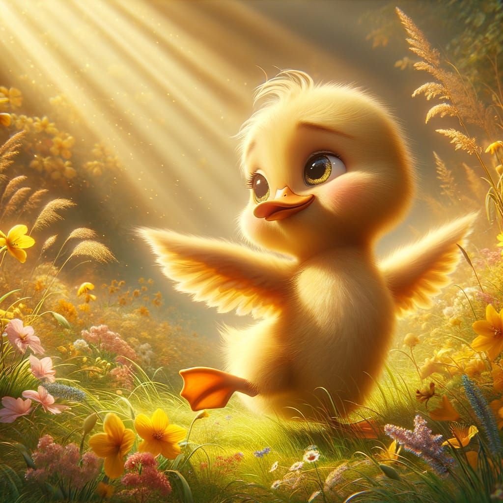 Cute Duckling Dancing in Wildflower Meadow