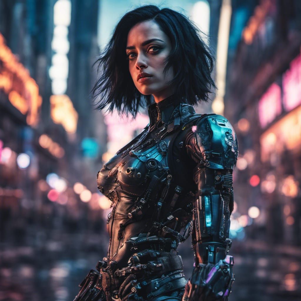 Hyperrealistic Alita Portrait in Cyberpunk Neon City