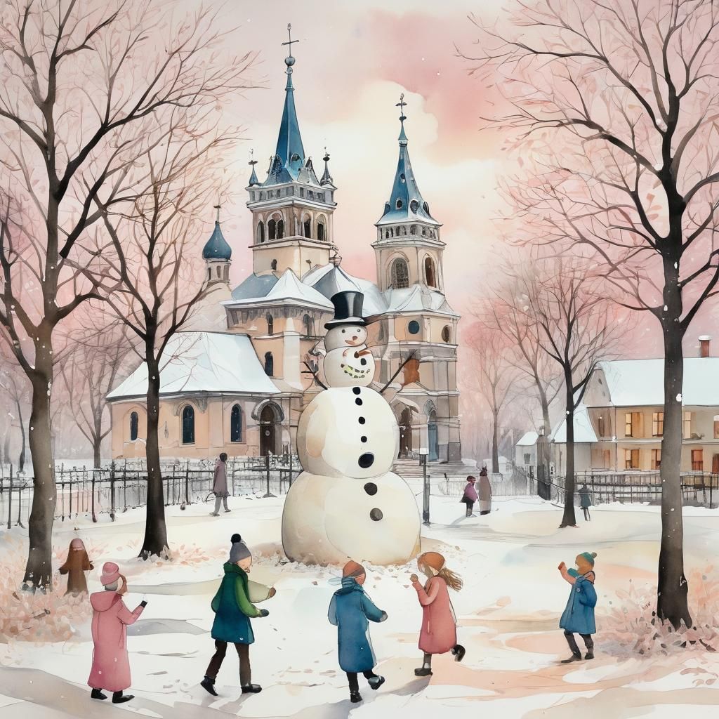 Children Building Snowman in Art Nouveau Style