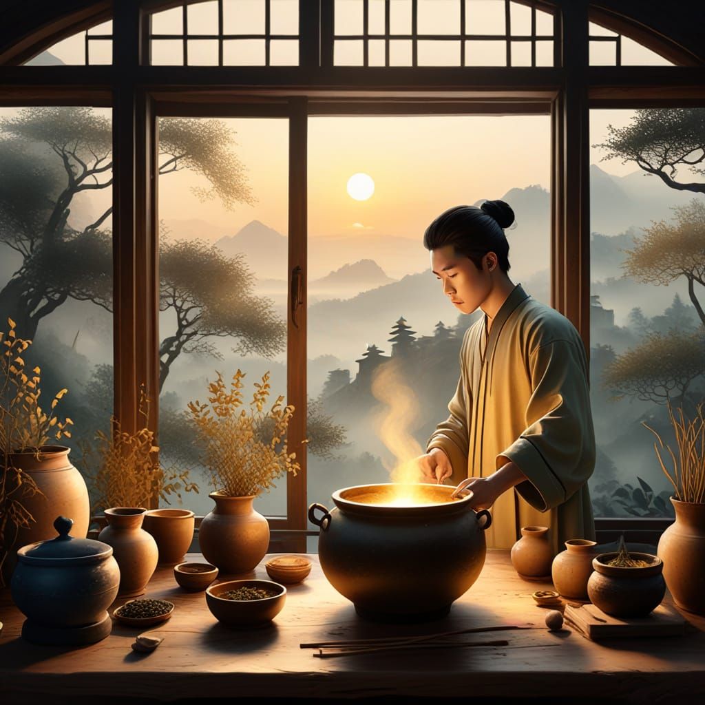 Mystical Herbalist in Serene Chinese Landscape