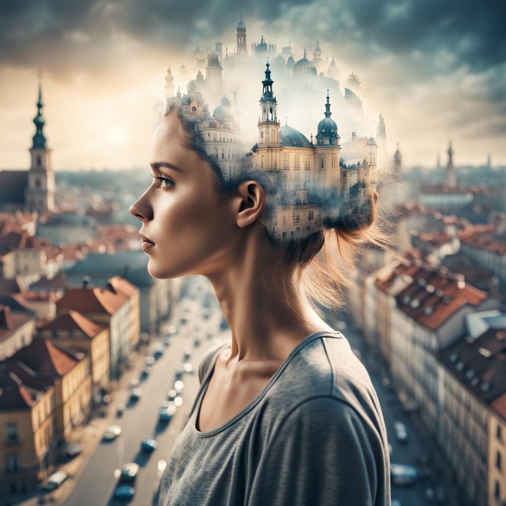 Double Exposure: Lublin Cityscape and Surreal Portrait