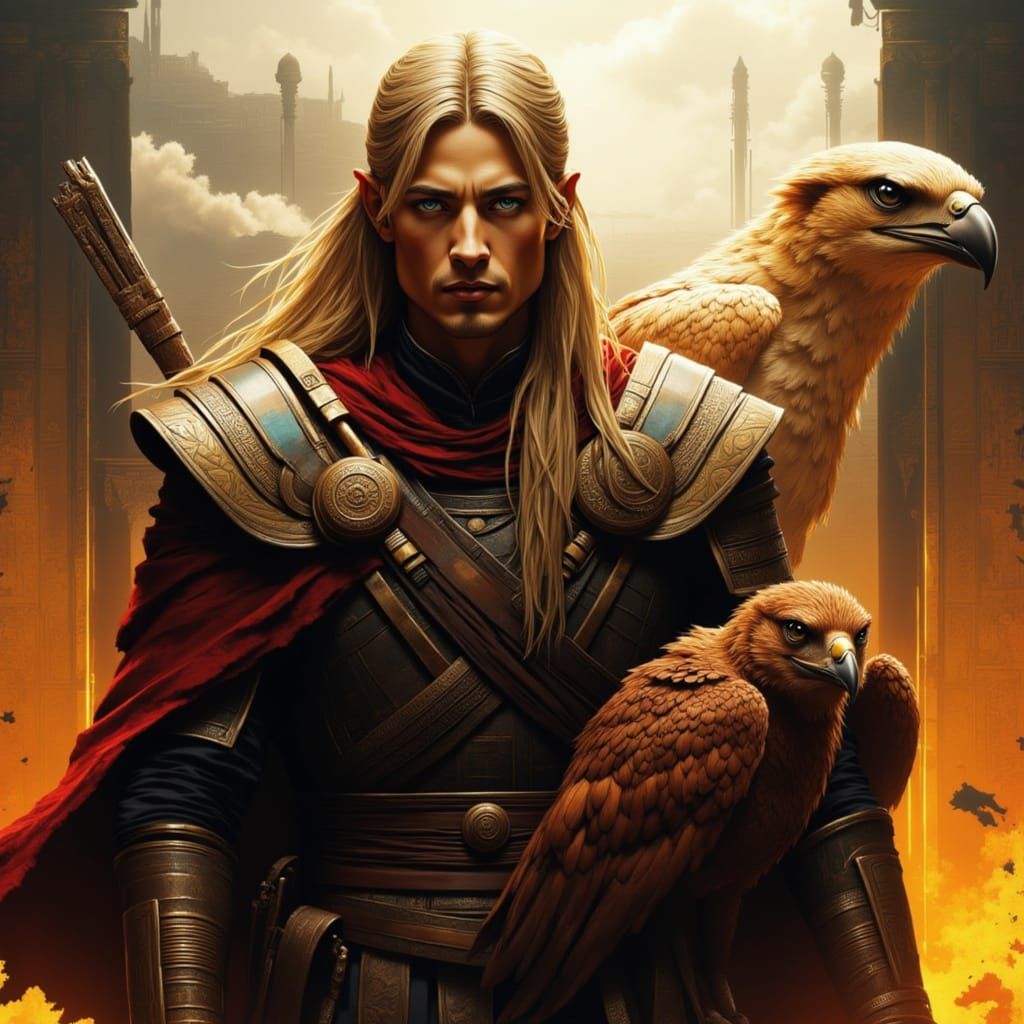 Hyperrealistic Elf and Griffin in Burning Cityscape