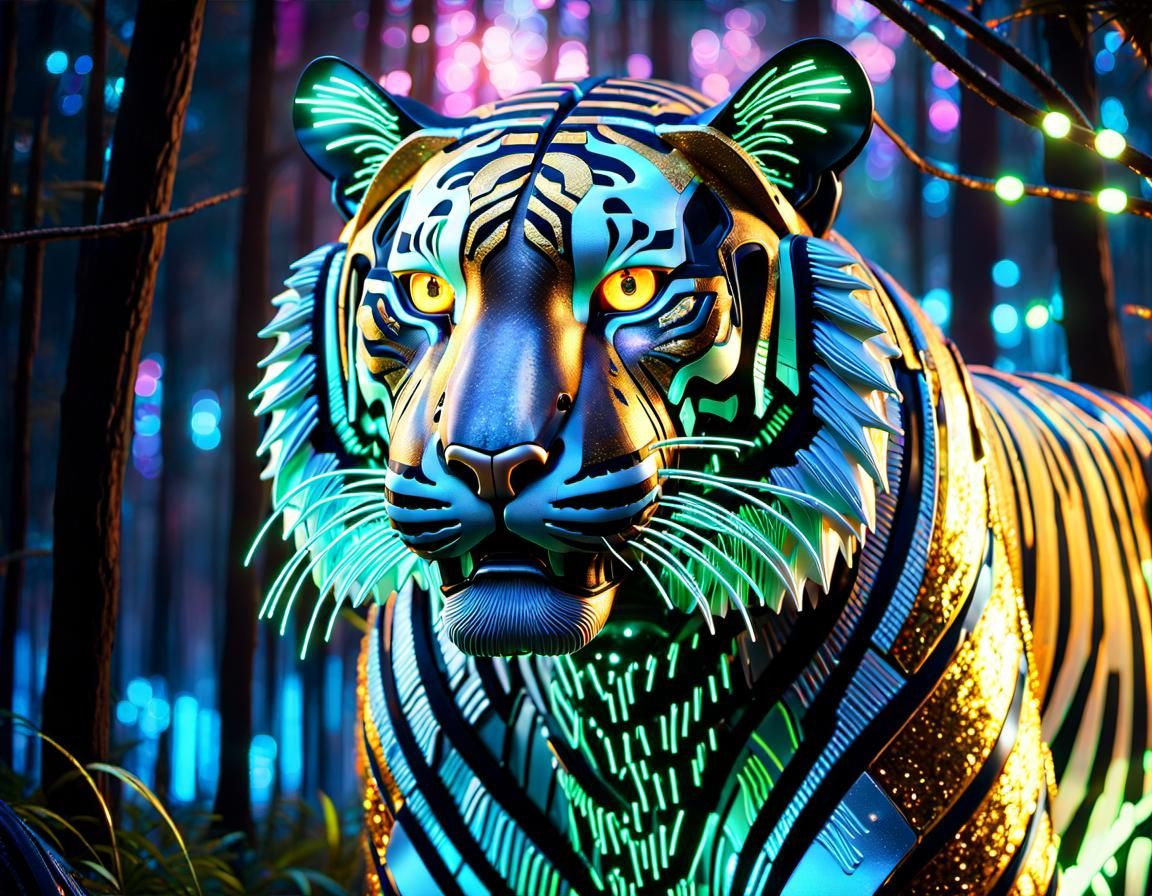 Bioluminescent Cyberpunk Tiger in Cybernetic Forest
