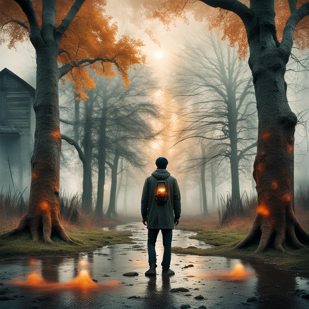 Lonely Figure in Misty Landscape: Cinematic Still