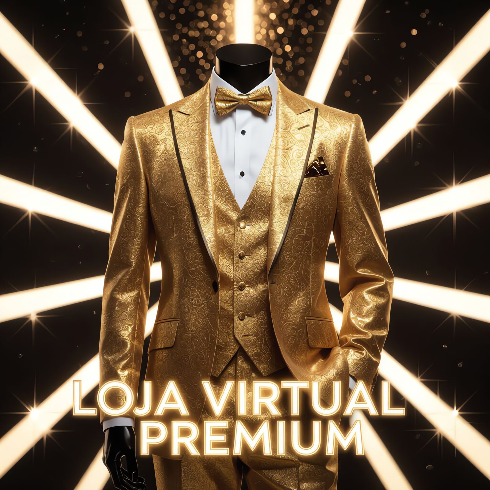 Golden Mannequin in Suit with Glittering Backdrop