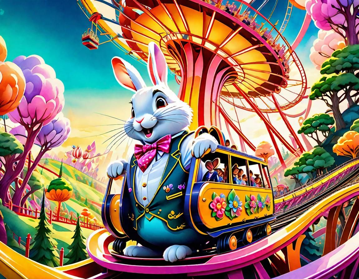 Whimsical Rabbit Theme Park Watercolor Illustration