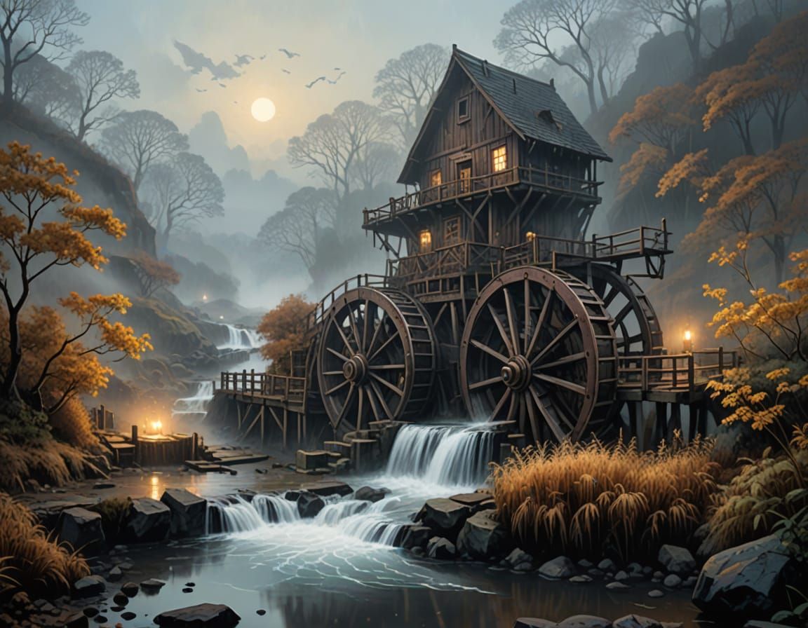 Waterwheels in Golden Light, Comic Book Art