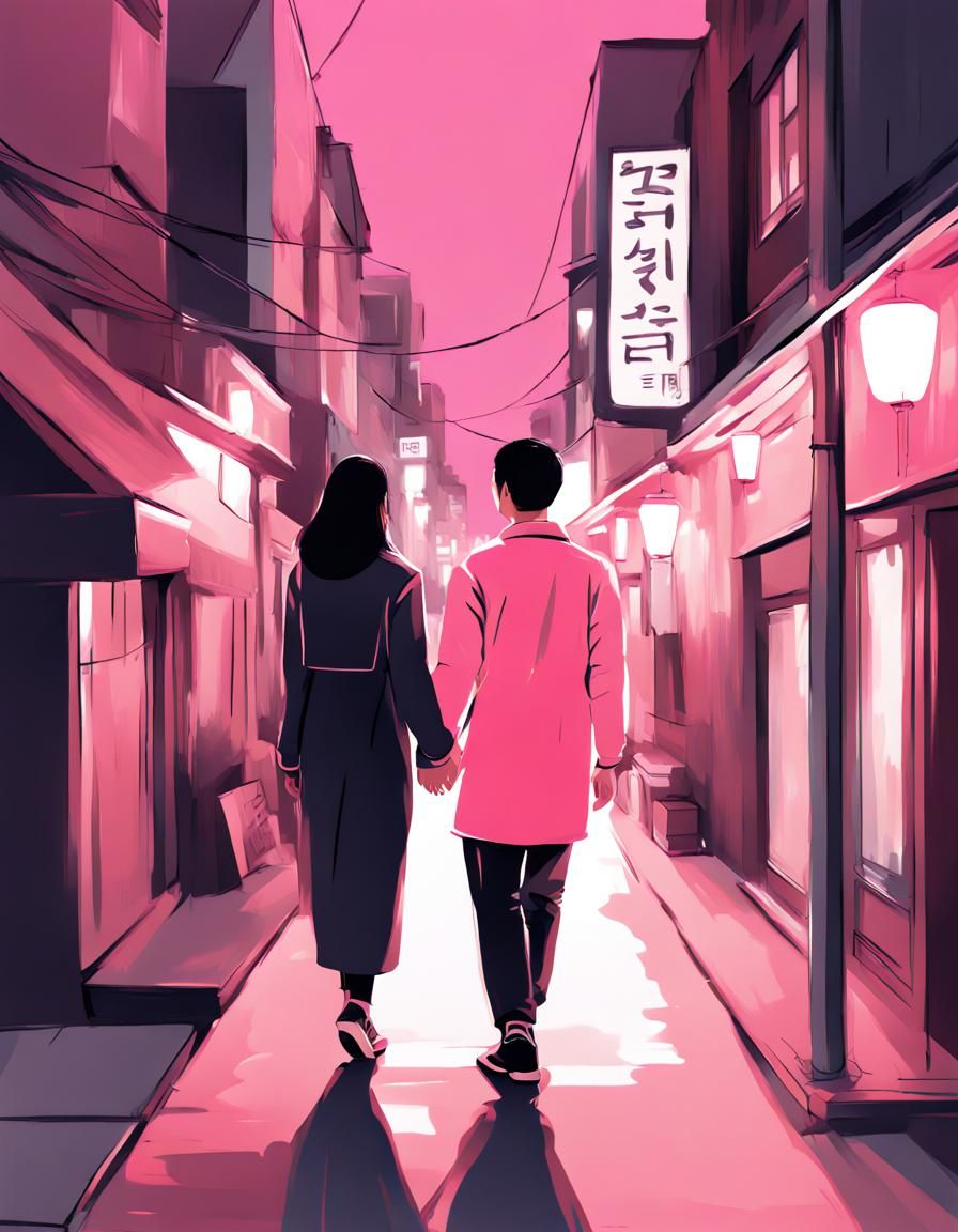 Romantic Itaewon Street Scene in Digital Painting