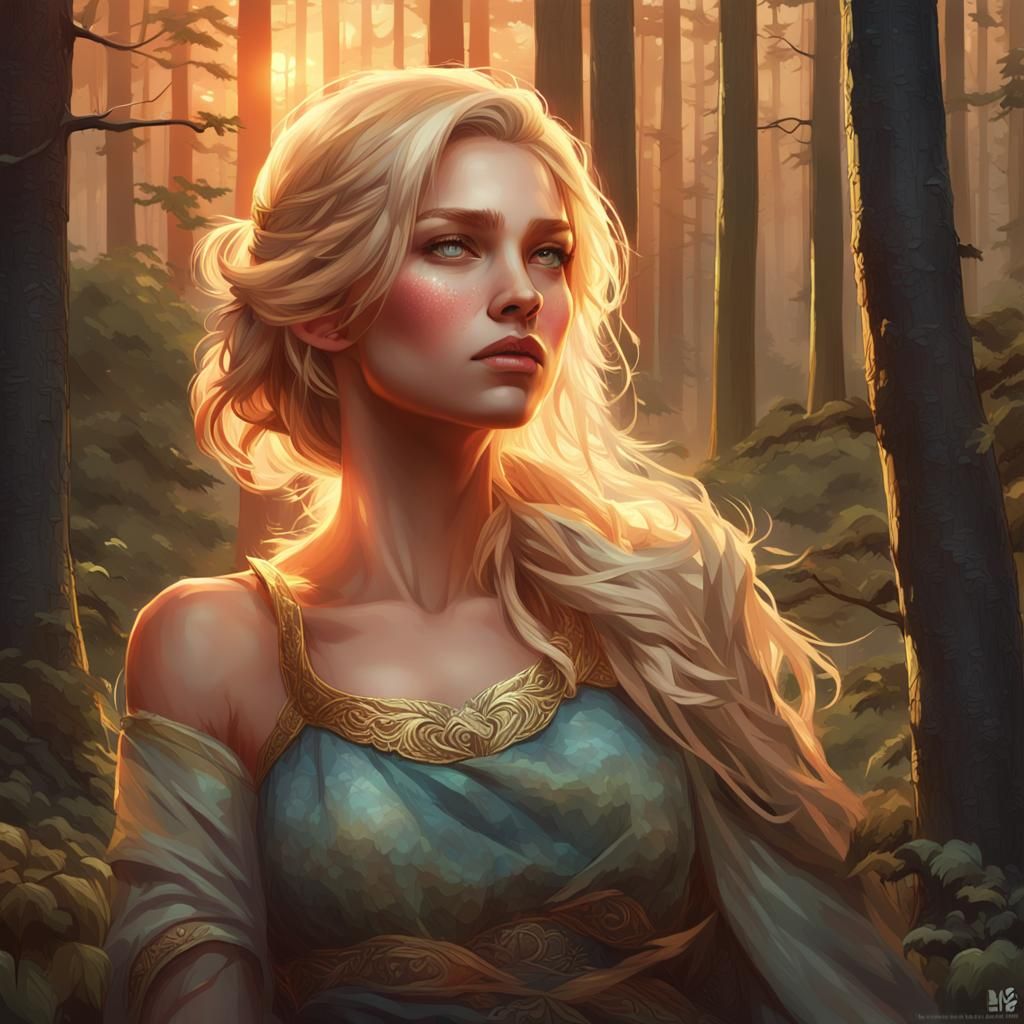 Beautiful Blonde Woman Portrait in Hyperdetailed Forest