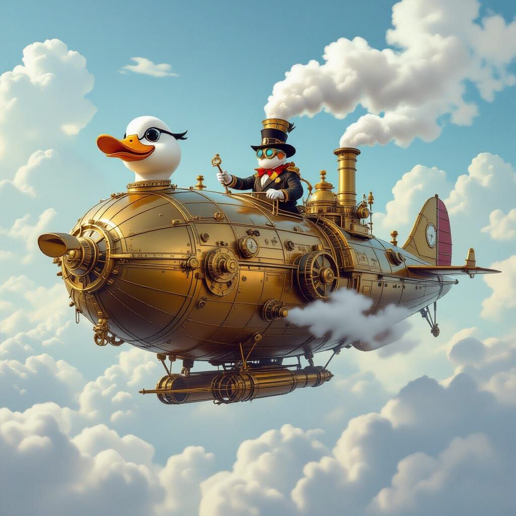 Steampunk Duck Airship Soaring Through Cloudy Sky