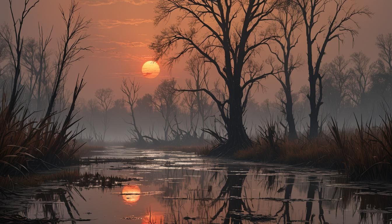 Red Sun Over Marsh: Dark Fantasy Concept Art