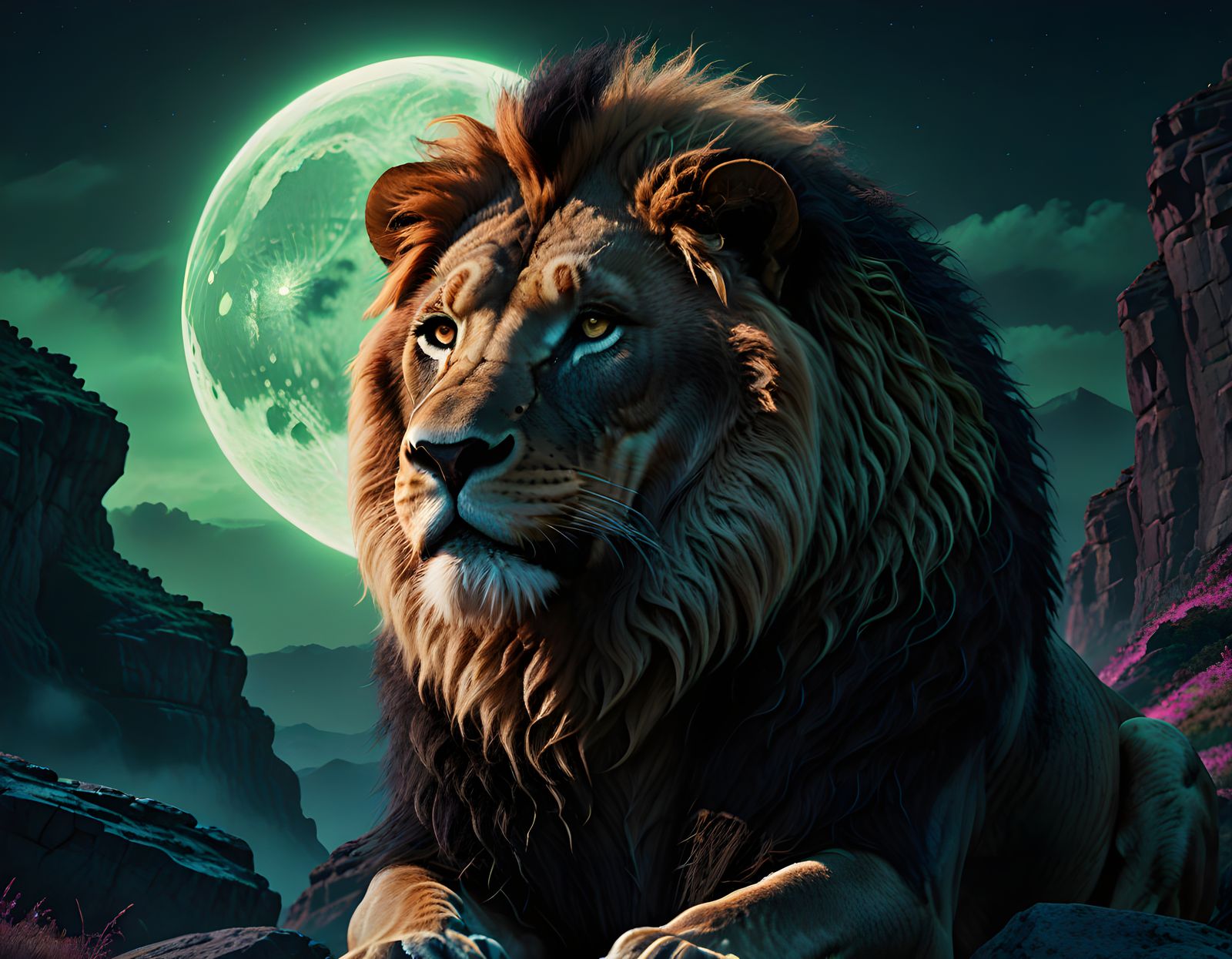 Majestic Black Lion in Futuristic Futurism Under Full Moon