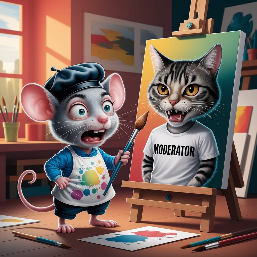 Whimsical Mouse Artist Confronts Cat Moderator: A Cartoon Ca...