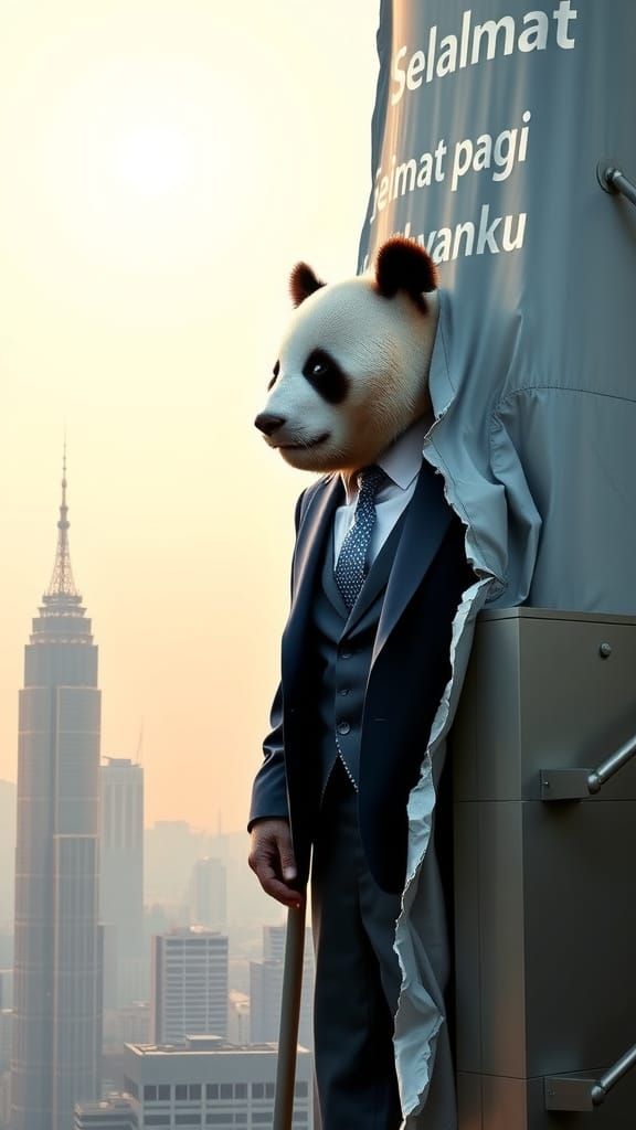 Elegant Panda Emerges from Luxury Banner in Modern Cityscape