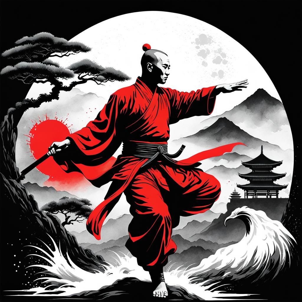 Monochrome Shaolin Monk Art Inspired by Japanese Mythology
