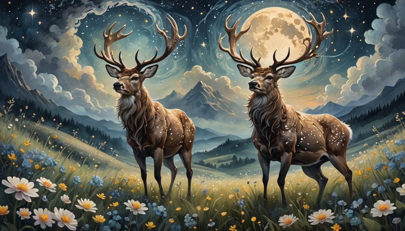 Fantasy Stag in Moonlit Flower Field Landscape