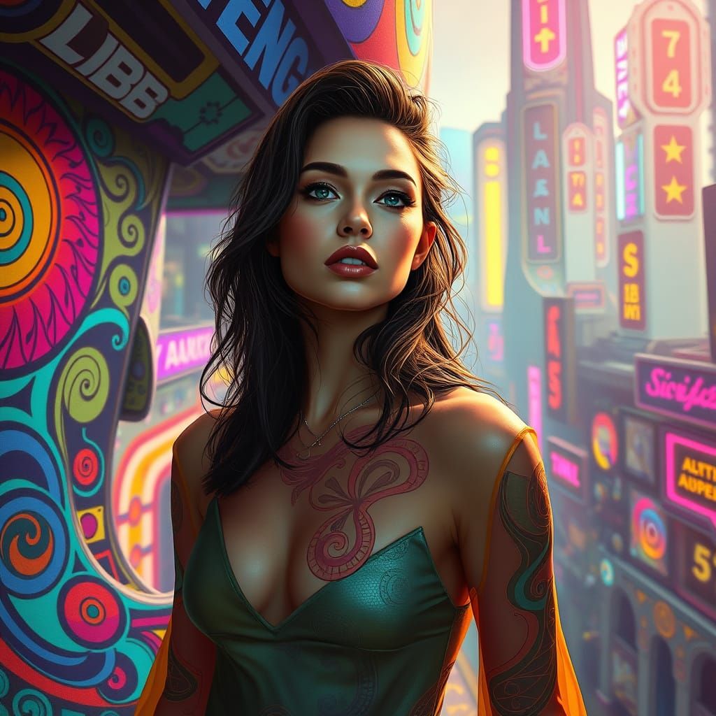 Futuristic Woman in a Swirling Cityscape, Syd Mead Style