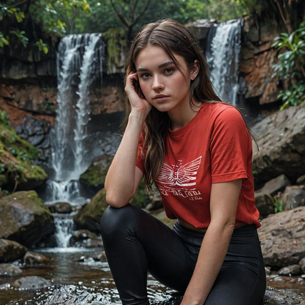 Beautiful Girl in Red Bioluminescent Top by Waterfall