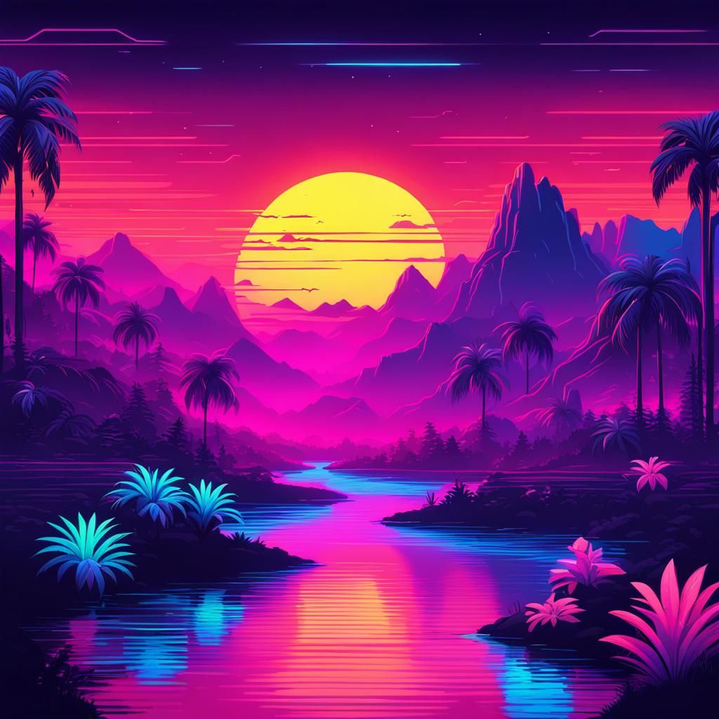 Neon Jungle Sunset in Retrowave Style