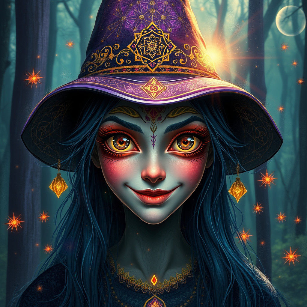 Mystical Witch with Holographic Folk Art