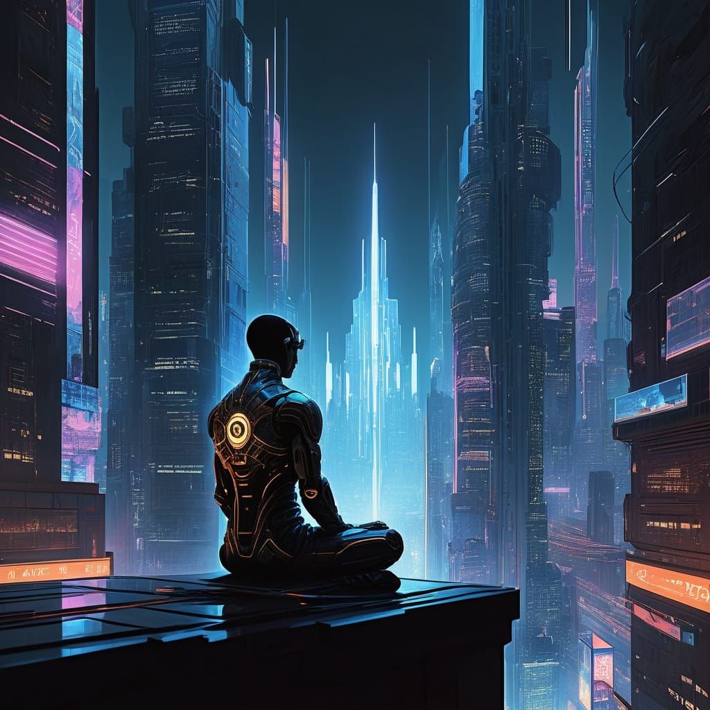 Cyberpunk Monk Meditates Atop Skyscraper Amidst Neon City