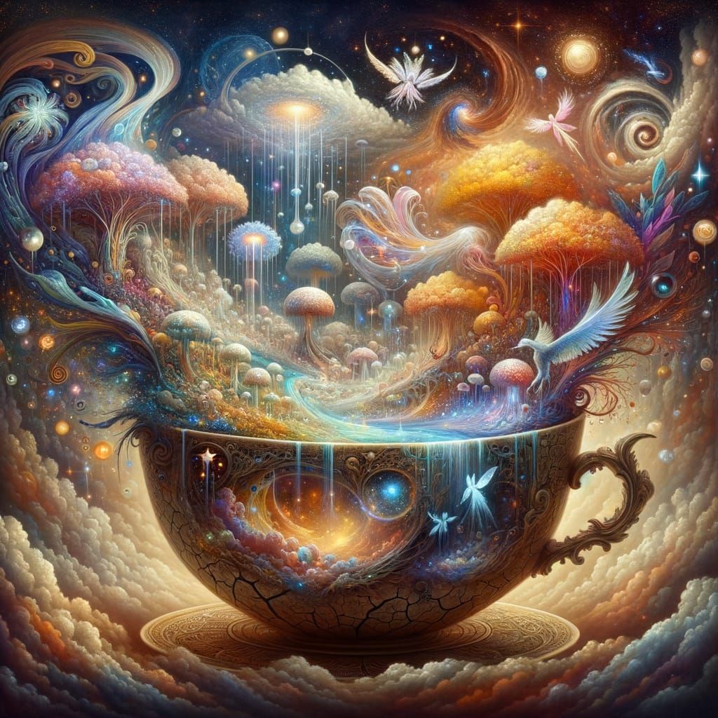 Miniature Universe in Teacup: Surreal Bioluminescent Fantasy