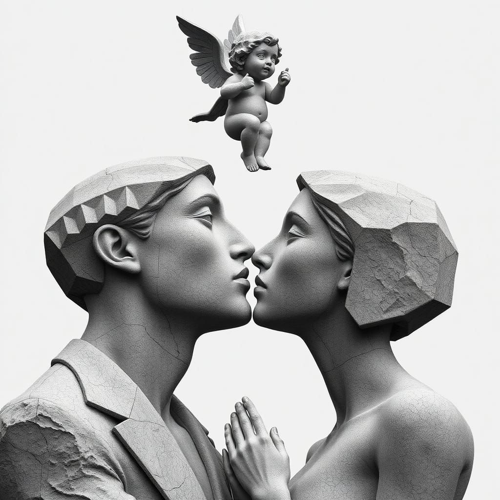 Ethereal Monochromatic Lovers in Brutalist Cubist Fusion