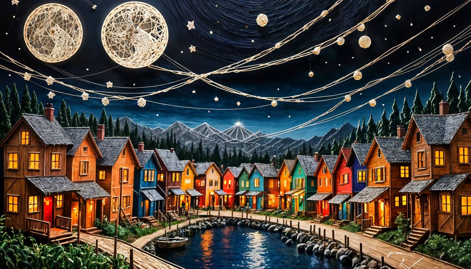 Spectacular String Art Night Town Under Moonlight