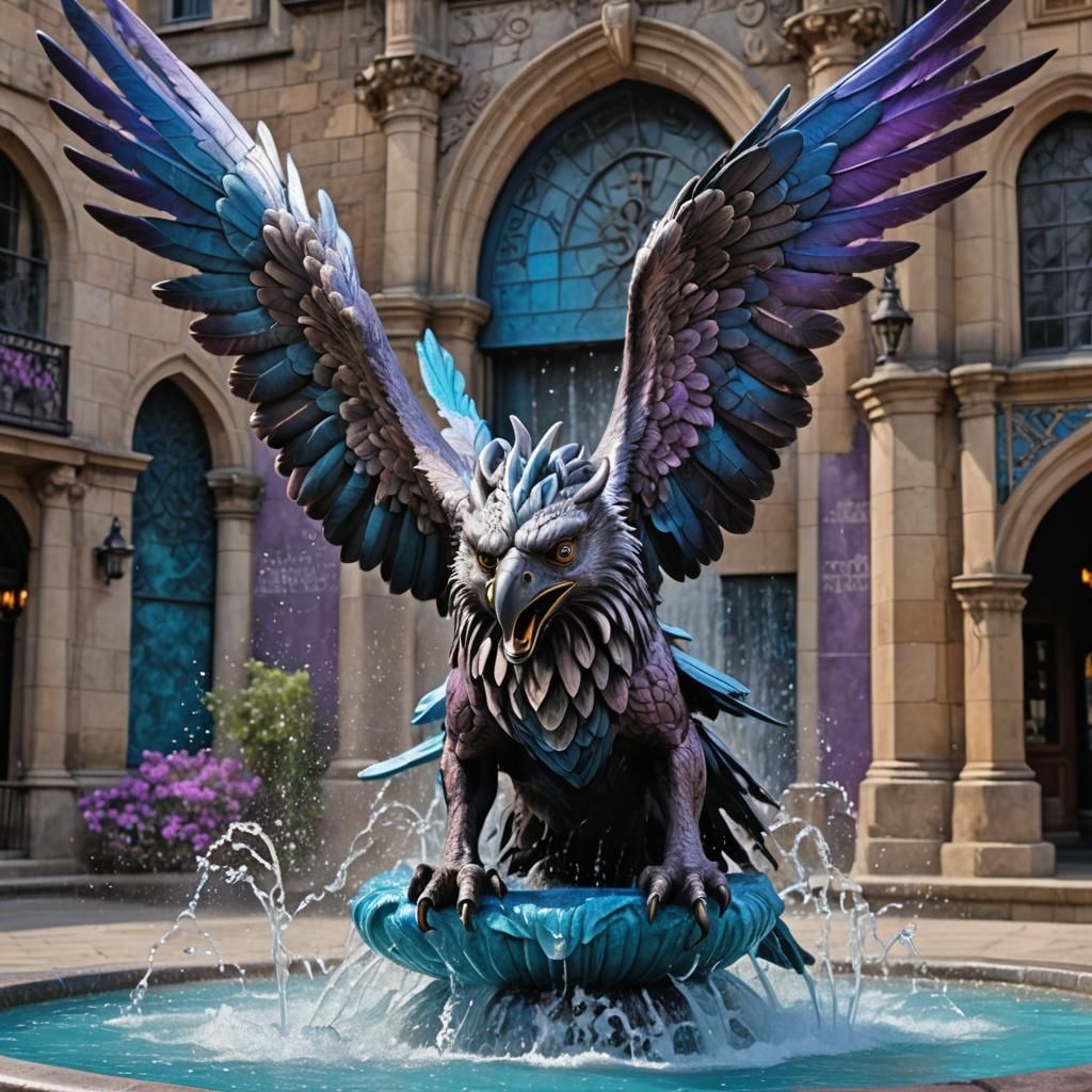Hyperrealistic Hippogriff Drinking from Colorful Fountain