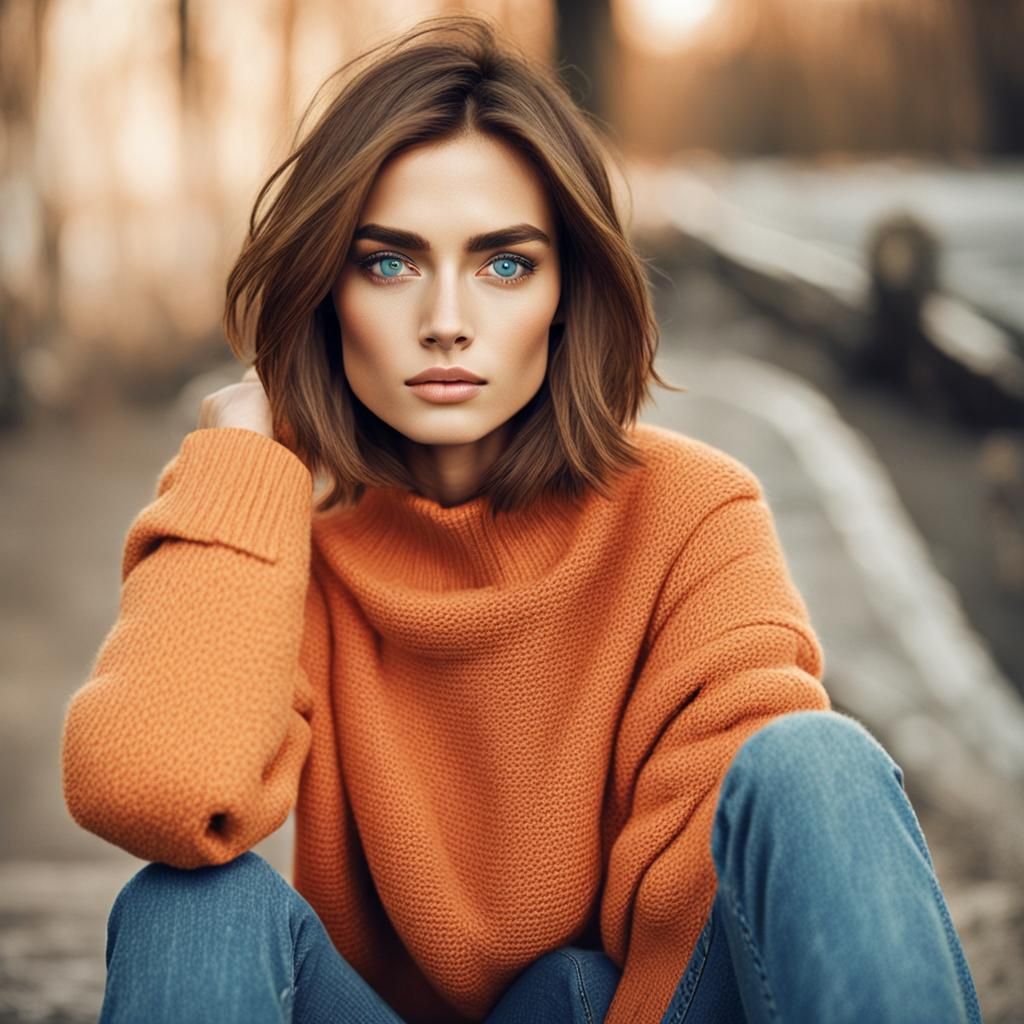 Slender Woman with Bob Haircut and Orange Sweater