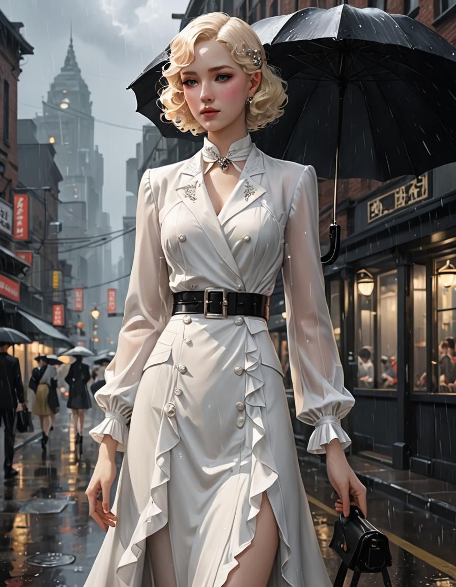 1930s White Suit in Rainy Anime Style