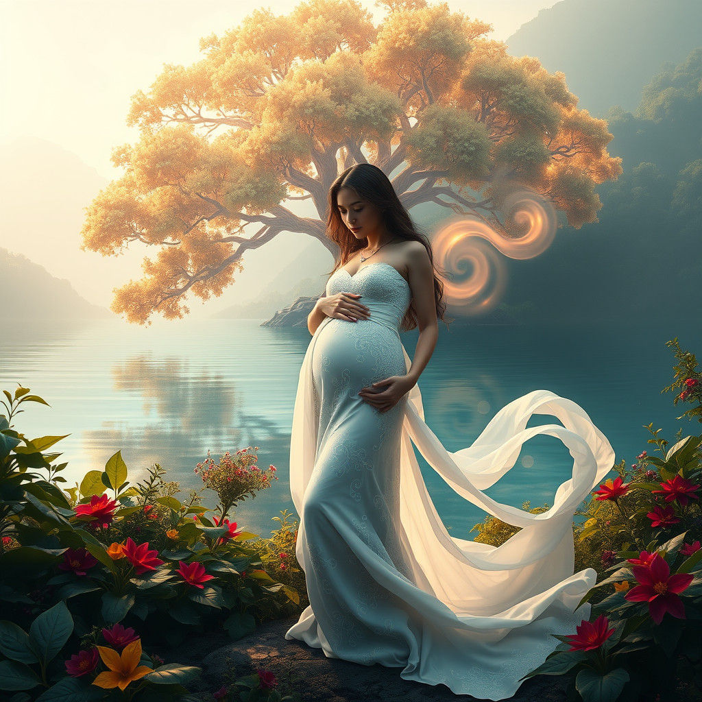 Pregnant Woman in Fantasy Landscape, Matte Painting