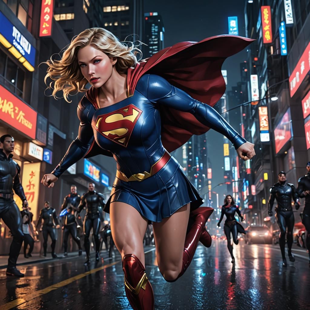 Supergirl Chasing Villain in Metropolis: Anime Art