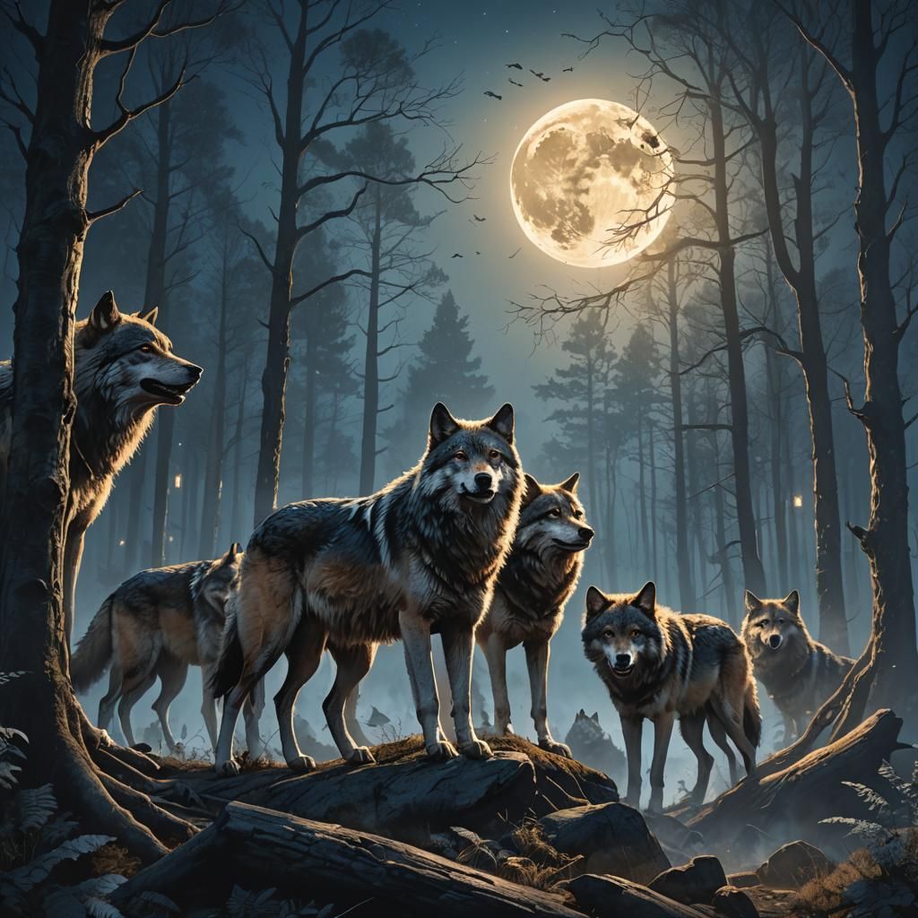 Wolves Gathering Under Moonlight: Digital Matte Painting