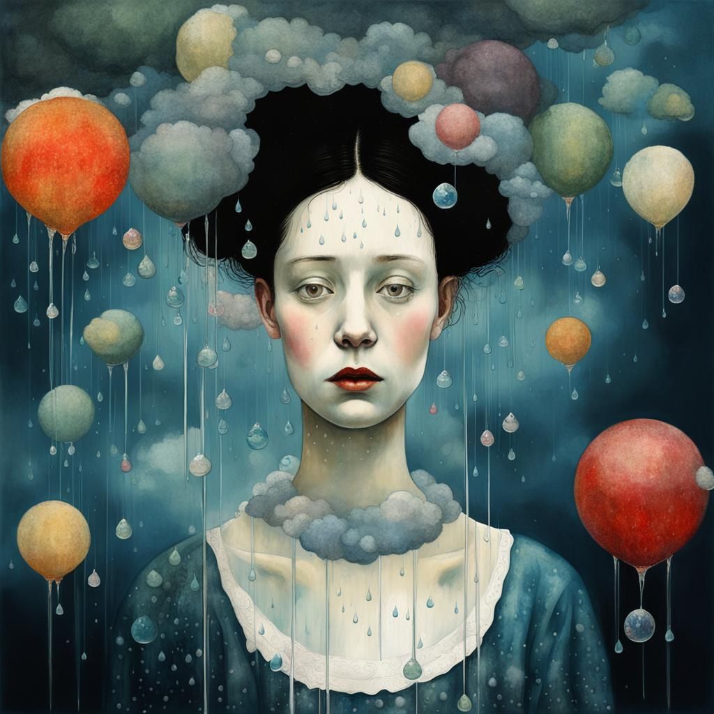 Surreal Figure in Rain Cloud, Digital Pastel Art