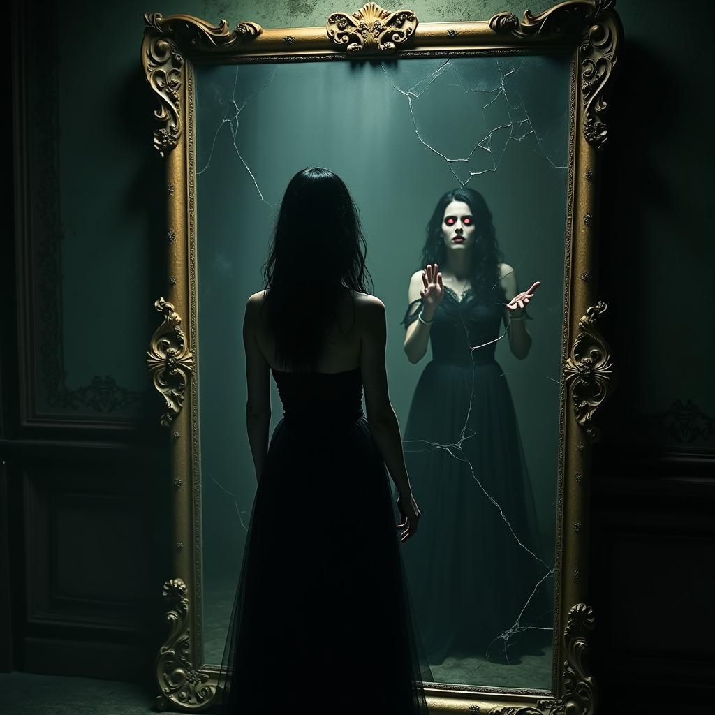 Woman and Witch in Shattered Mirror Reflection
