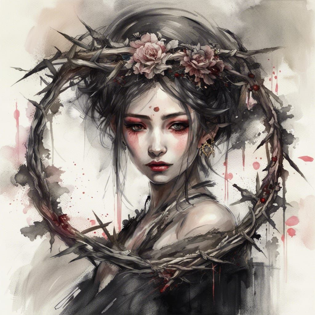 Gothic Woman in Crown of Thorns, Ink Painting