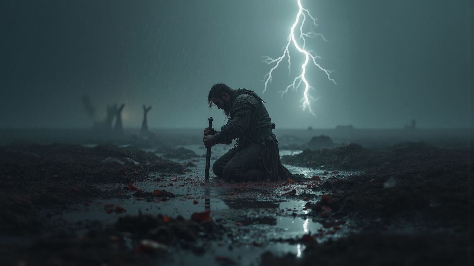 Lone Warrior Kneeling on Battlefield in Rain